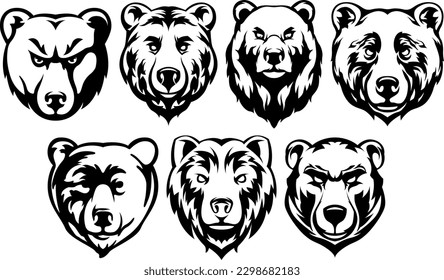 Heads of bears. Abstract character illustration variant set. Graphic logo design template for emblem. Image of portrait.