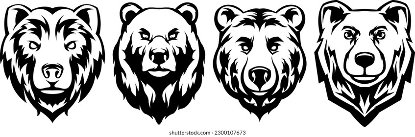 Heads of bears. Abstract character illustration variant set. Graphic logo design template for emblem. Image of portrait.