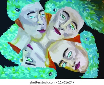 heads and birds, painting