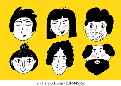Heads of boys and girls. Various haircuts. Young men and women. Black and white People avatars. Hand drawn set of Vector Icons. Cartoon style, flat design. All elements are isolated 