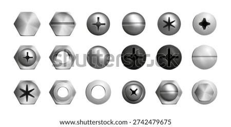 Heads or caps of screws or nails. Vector in realistic style, isolated set of metallic bolts with different sizes and holes. Bolts rivets, hardware, metalwork and instruments for construction