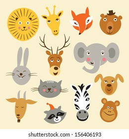 Heads of cartoon animals, vector set 