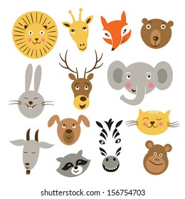 Heads of cartoon animals, vector set on a white background