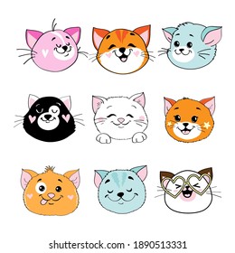 Heads of cats of different colors isolated. Vector cartoon illustration. Birthday template