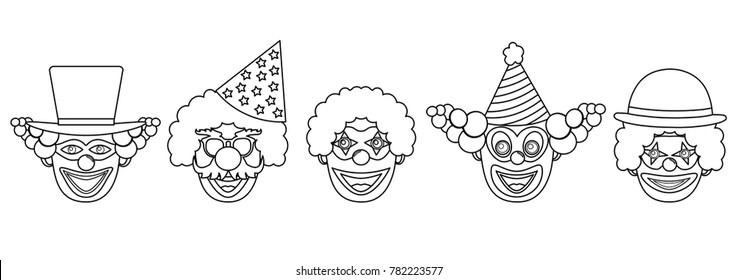 Heads of clowns colorless, set. Vector illustration.