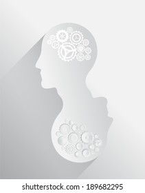 Heads with cogs and wheels for brains in grey and white