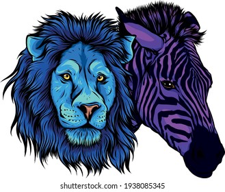 heads of colored zebra and lion vector illustration