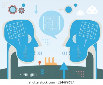Heads in communication thinking together, solving a maze, concept with infographics elements and grunge texture.
