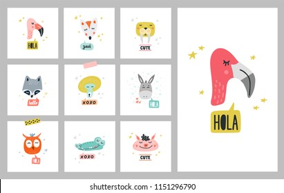 Heads of cute animals collection of vector illustrations. Design element, cards with hand drawn faces of flamingo and wild animals in cartoon style 