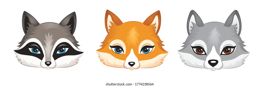 Heads of a cute animals isolated on white.