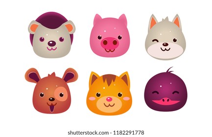 Heads of cute animals set, bear, face of dog, cat, bird, pig, user interface assets for mobile apps or video games vector Illustration on a white background