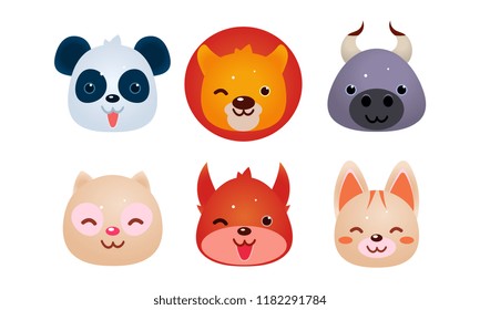 Heads of cute animals set, bear, face of panda, bear cow, cat, dog, squirrel, user interface assets for mobile apps or video games vector Illustration on a white background
