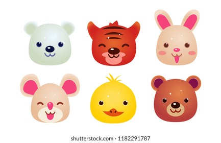 Heads of cute animals set, bear, face of bear, hare, mouse, tiger, chicken, polar bear, user interface assets for mobile apps or video games vector Illustration on a white background