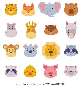 Heads of cute baby animal set. Muzzles of giraffe, llama, koala, raccoon, elephant, cat, panda bear. Nursery decoration, card or invitation design cartoon vector illustration