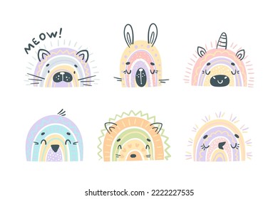 Heads of cute baby animals set. Kitten, bunny, unicorn, hedgehog, penguin, birdie funny animal faces cartoon vector illustration