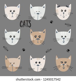 Heads of cute cat characters. Set of cats head enamored and funny illustration.