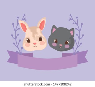 heads of cute cat with rabbit baby animals