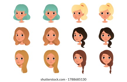 Heads of Cute Girls Set, Beautiful Female Characters with Various Hairstyles Cartoon Style Vector Illustration