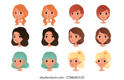 Heads of Cute Girls Set, Pretty Female Characters with Various Hairstyles Cartoon Style Vector Illustration