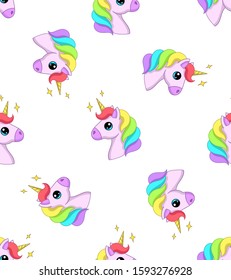 Heads of cute unicorns with rainbow mane isolated. Seamless pattern with transparent background.