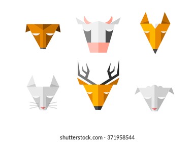 Heads of different animals. Triangle signs for computer software or blog. Zoo emblem or pet shop.