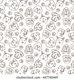 Heads of dogs cartoon seamless pattern. Vector line illustration background.