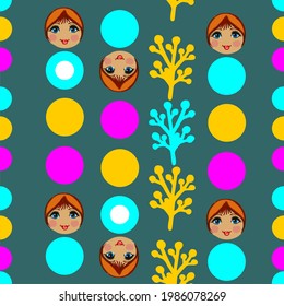 Heads of dolls and colored circles on a gray-blue background