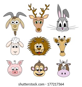 Heads of drawn animals, wild and domestic animals. goat, sheep, cow, giraffe, lion, monkey, deer with horns, rabbits and pigs.vector art image eps10, isolated on white background