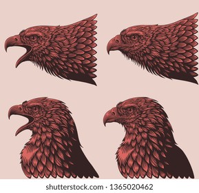 Heads of eagles. Design set. Hand drawn engraving. Editable vector vintage illustration. Isolated on light background. 8 EPS