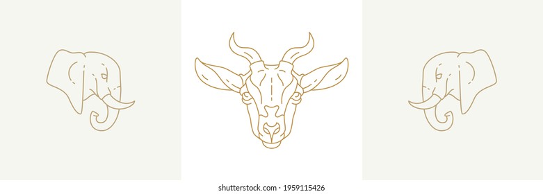 Heads of elephants and goat in linear style vector illustrations set. Simple emblems in golden lines with fantasy creature animals symbols for mystic logo and magic brand.