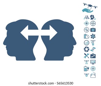 Heads Exchange Arrows icon with bonus aircopter tools clip art. Vector illustration style is flat iconic cyan and blue symbols on white background.