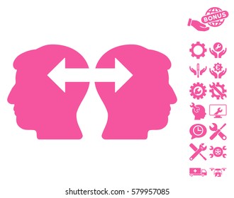 Heads Exchange Arrows icon with bonus configuration pictograms. Vector illustration style is flat iconic pink symbols on white background.