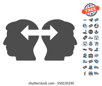Heads Exchange Arrows icon with free bonus symbols. Vector illustration style is flat iconic symbols, cobalt and gray colors, white background.