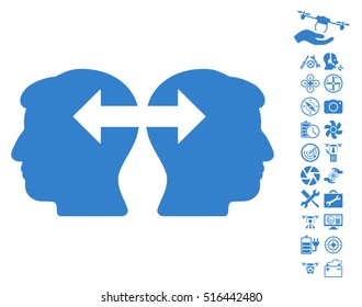 Heads Exchange Arrows pictograph with bonus uav service design elements. Vector illustration style is flat iconic symbols on white background.