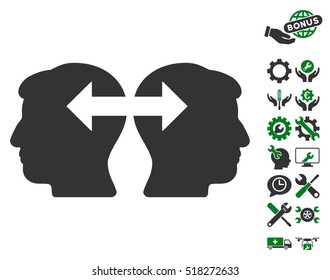 Heads Exchange Arrows pictograph with bonus service pictograms. Vector illustration style is flat iconic green and gray symbols on white background.