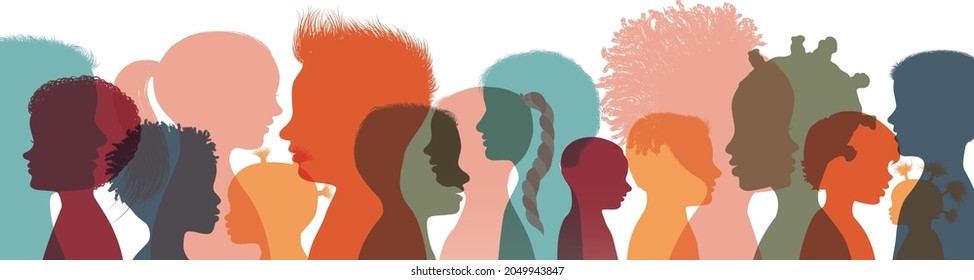 Heads faces colored silhouettes multicultural and multiethnic diversity children in profile. Concept of study education and learning. Kindergarten or elementary school education. Banner