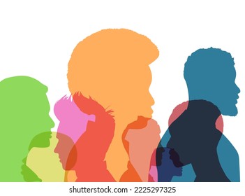 Heads faces colored silhouettes multicultural and multiethnic diversity male and female in profile