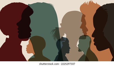 Las cabezas se enfrentan a las siluetas de color multicultural y multiétnica diversidad de perfil masculino y femenino