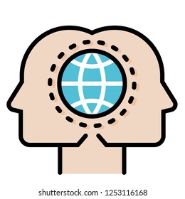 Heads with global icon vector illustration in line color design
