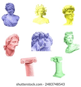 Heads Greek ancient sculpture, mystic. Vector hand drawn illustrations of antique classic statues in trendy bohemian style