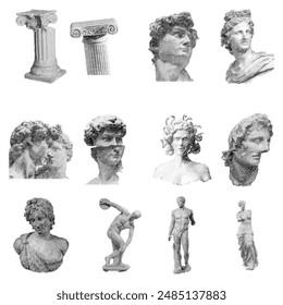 Heads Greek ancient sculpture, mystic. Vector hand drawn illustrations of antique classic statues in trendy bohemian style
