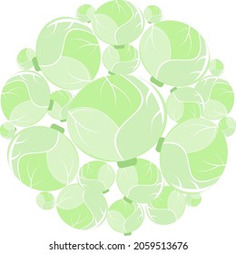 Heads of green cabbage in circle. Vector flat design template. Background of food, farm, gardening or horticulture.