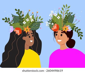 Heads with growing flowers. Mental health. Harmony and happiness. Healthy mentality and self care. Vector illustration.