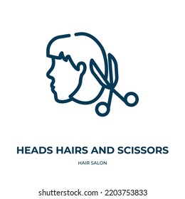 Icono de pelos y tijeras de cabeza. Ilustración vectorial lineal de la colección de peluquerías. Cabeceras de contorno y vectores de icono de tijeras. Símbolo de línea delgada para uso en aplicaciones web y móviles, logotipo, medios impresos.