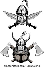 Heads with helmets of vikings warriors