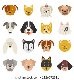 Heads of home pets. Funny dogs in flat style. Vector animal cat, illustration of character puppy