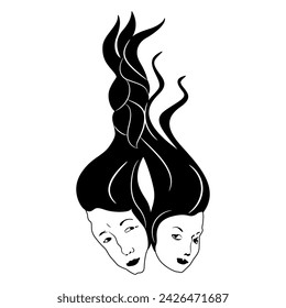Heads of a man and a woman with their hair braided together. Lovers symbol. Black and white silhouette.