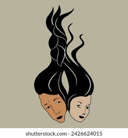 Heads of a man and a woman with their hair braided together. Lovers symbol. 