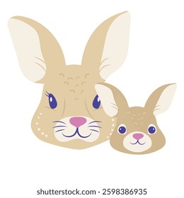 Heads of mom and baby rabbits, vector cartoon illustration