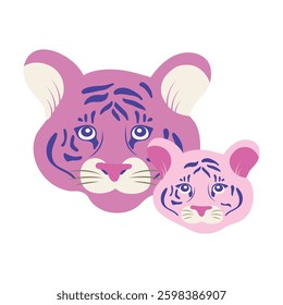 Heads of mom and baby tigers, vector cartoon illustration